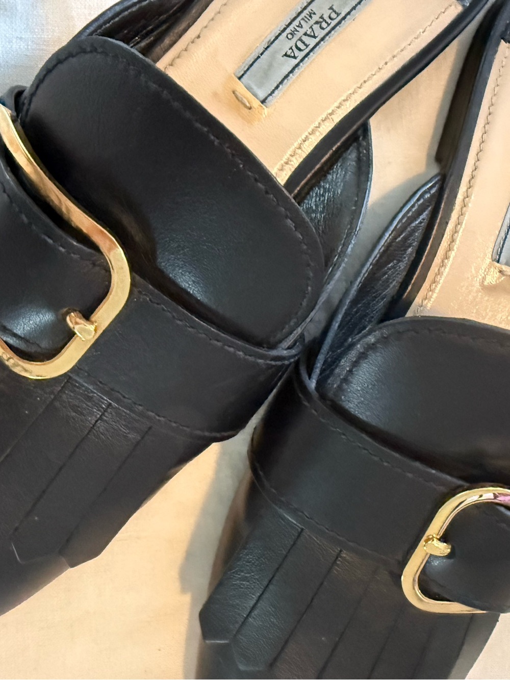 Prada Black Leather Kiltie Fringe Buckle Slip-On Mules EUC - Picture 5 of 10